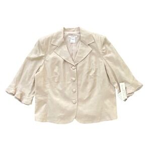 Plaza‎ South Woman Linen Blend Blazer Jacket Beige 20W Embroidered Ruffle Sleeve